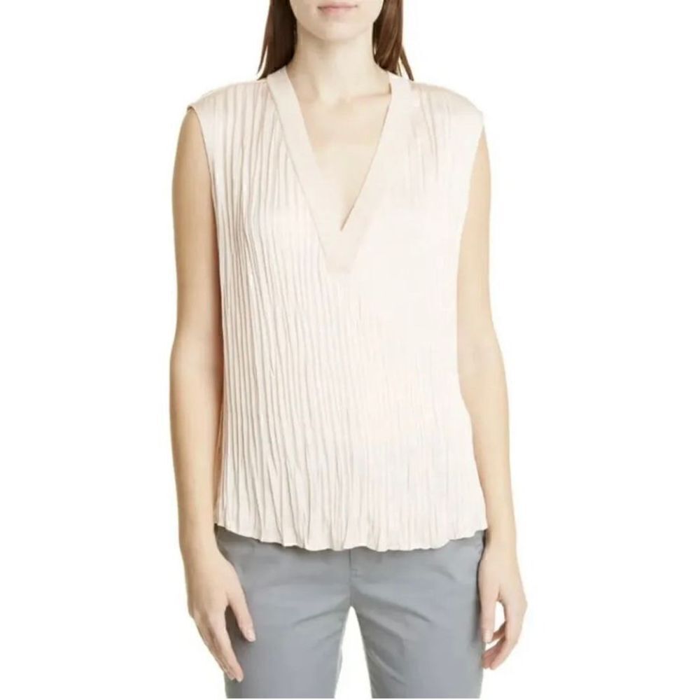 VINCE Crushed Sleeveless Double V-neck Blouse French Rose Japan Satin NWT Size S
